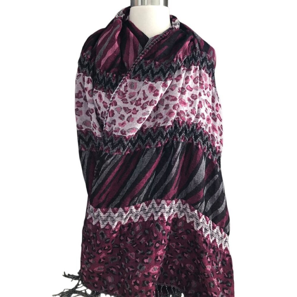 Estate Wrap Scarf Women's Pink Gray & Black Animal Print Chevron Ruched Fringe